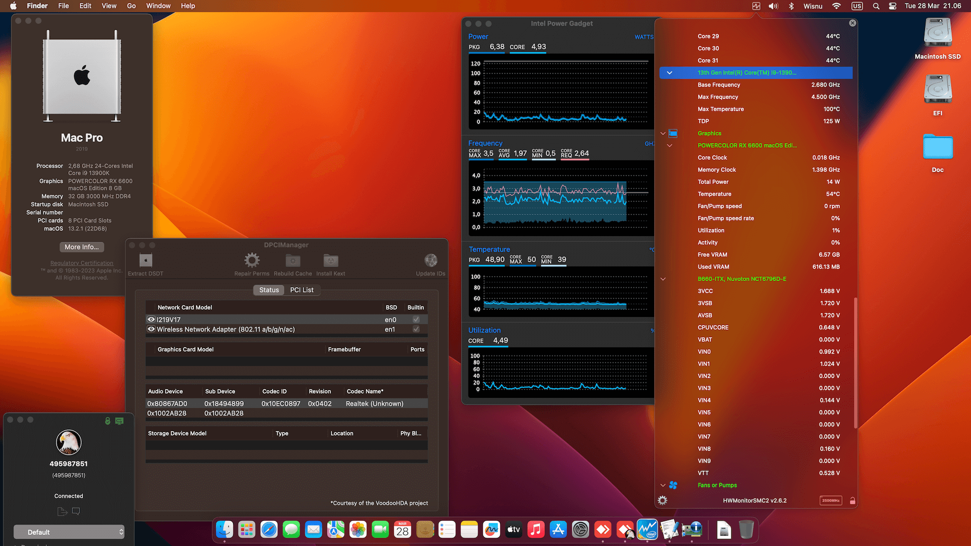 Success Hackintosh macOS Ventura 13.2.1 Build 22D68 in Asrock DeskMeet B660 Series + Intel Core i9 13900K + Power Color RX 6600